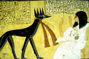 Oud Egypte, Muurschildering Graf van Inherkhau, Thebe, Graf van de Edelen, 20e dynastie, Inherkhau aanbidt de jakhalsgoden door School Egyptian