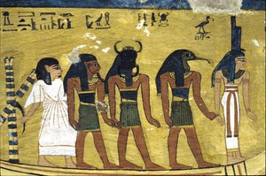 Oud Egypte, Muurschildering Graf van Inherkhau, Thebe, Graf van de Edelen, 20e dynastie, Inherkhau in de zonneboot met Isis, Thoth en Khephri