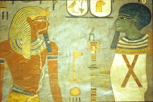 Oud Egypte, Muur schildering, Graf van Ramses I, Vallei der Koningen 19e dynastie, Ramses I voor Ptah, God van de Schepping door School Egyptian
