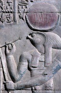 Oude Egypte, Muur schildering/gravure, Horus schrijft op papyrusrol, Tempel van Sebek en Horus, Kom Ombo door School Egyptian
