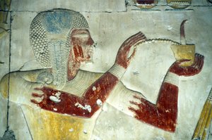 Oud Egypte, muurschildering/gravure, Rameses II offert wierook aan zijn vergoddelijkte vader Seti I, Tempel van Seti I, Abydos door School Egyptian