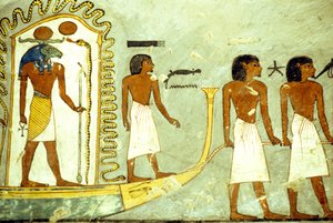 Oude Egypte, muurschildering, Reis door de onderwereld, boot getrokken door mannen, Graf van Ramses I, Thebe