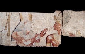 Oude Egyptische kunst: Koning Ramses II wordt voorgesteld aan de goden Horus, Amon en Hathor die hem leven en koninklijke insignes geven. Laag reliëf in kalksteen uit de tempel van Ramses II in Abydos, rond 1250 v.Chr. 19e dynastie. Nieuwe Rijk. Parijs, Mu door School Egyptian