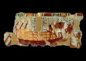 Oude Egyptische kunst: het laden van graan op een boot schilderij op slib uit het graf van Ounou (1450 v.Chr.) door School Egyptian