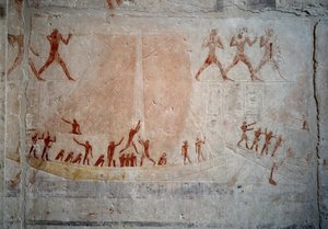 Egyptische oudheid: een zeilboot. Kalkstenen reliëf uit de kapel van Mastaba van Akhethetep in Saqqara. 5e dynastie (rond 2500-2350 v.Chr.) 2300 v.Chr. Parijs, Louvre Museum door School Egyptian