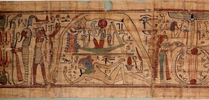 Egyptische oudheid allegorie van het kosmos: mythologisch papyrus van Neskapashouty, boekhoudschrijver van granen die kosmogonie voorstelt, met Geb, Nout, Nephtys, Osiris. 1070-664 v.Chr. 21e dynastie. Parijs, Louvre Museum