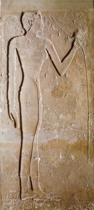 Egyptische oudheid: jonge vrouw met lotus bloem. Kalksteen. 5e dynastie, 2300 v.Chr. Dim. 145 cm Parijs, Louvre Museum
