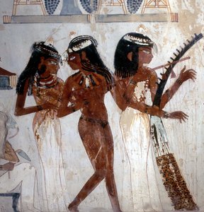 Luxor Thebe: Necropolis van de Edelen, graf van Nakht (18e Dynastie), muzikanten. Vallei der Edelen door School Egyptian