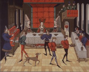 Middeleeuwse aristocratische dames krijgen diner geserveerd, 15e eeuw door School English