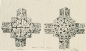 Interieur van de Lichfield Cathedral - Gesneden loofwerk: lithografie, nd [?19e eeuw] door School English