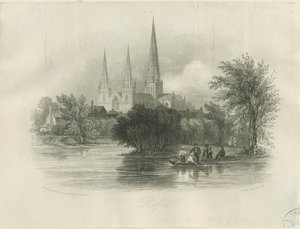 Lichfield Cathedral - Zuidwestaanzicht: gravure (vignet), nd [ca. 1842] door School English