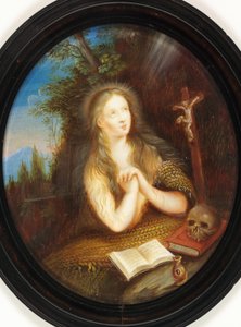 Maria Magdalena leunend tegen een oever, haar ogen gericht op een crucifix