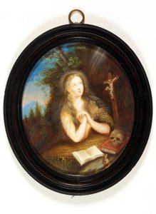Maria Magdalena leunend tegen een bank, haar ogen gericht op een kruisbeeld door School English