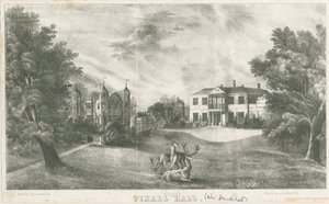 Tixall Hall en Poortgebouw (lithografie) door School English