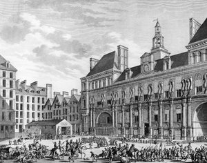 Aanval op het gemeentehuis op 29 juli 1794 in Parijs door de troepen van de Conventie. Parijs, Bibliotheek van het Instituut voor Geschiedenis van de Revolutie
