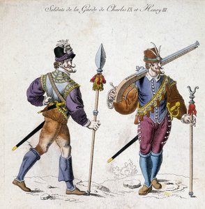 Kostuums van soldaten van de wacht van Karel IX (1550-1574) en Hendrik III (1574-1589). door School French