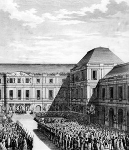 Feest gegeven door Napoleon I Bonaparte (1769-1821) in het Palais national du Directoire (Palais du Luxembourg) in Parijs na de handel van Campo Formio op 20 frimaire An VI (10 december 1797). Parijs, Bibliotheek van het Instituut voor Geschiedenis van de 