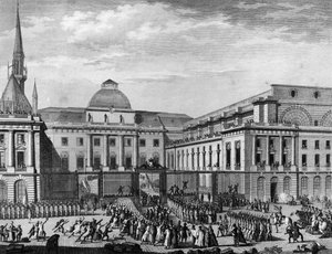 Franse Revolutie: Stadhuis van Parijs, parlement in november 1790 op het eiland van de stad voorgezeten door Jean Baptiste Gaspard Bochart de Saron (1730-1794). Parijs, Bibliotheek van het Instituut voor Geschiedenis van de Revolutie