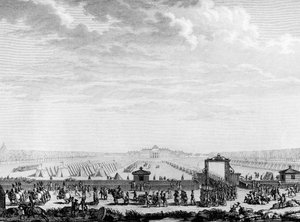 Franse Revolutie: de militaire troepen van het Marsveld vertrekken naar Place Louis XV op 12 juli 1789. Parijs, Bibliotheek van het Instituut voor Geschiedenis van de Revolutie