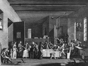 Franse revolutie en anti-revolutionaire beweging: Interieur van een revolutionair comité onder terreur jaar 1793-1794. Parijs, Bibliotheek van het Instituut voor Geschiedenis van de Revolutie