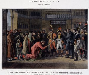 Generaal Bonaparte geeft een zwaard aan de militaire leider van Alexandrië - in 