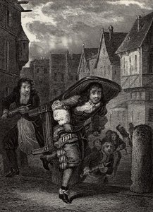 Monsieur de Pourceaugnac - Gravure uit werken van de Engelse auteur Molière - Scène uit het toneelstuk Monsieur de Pourceaugnac door Jean-Baptiste Poquelin genaamd Molière door School French