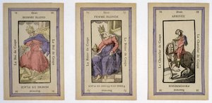 Oude speelkaarten met de koning (blonde man), de koningin (blonde vrouw) en de ruiter (einde) beker. Musée de la Carte à Jouier, Issy-les-Moulineaux