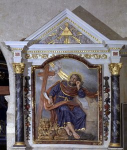 Sint Marcus de Evangelist en zijn symbool: de leeuw. Altaarstuk van de Kerk van Peer op Leven, Vendée door School French