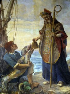 St Pol de Leon ontvangt door een vis, op het eiland Batz, de bel die koning Mark hem had geweigerd in Ouessant, ca. 530 - schilderij van de kerk van Morlaix door School French