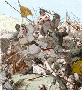 De Slag bij Hattin, 4 juli 1187 (kleur litho). door School French