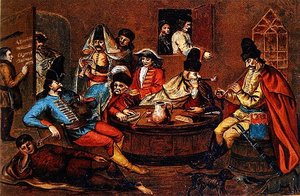 Opstandige soldaten van Prins Ferenc Rakoczi II ontspannen met metgezellen door School Hungarian