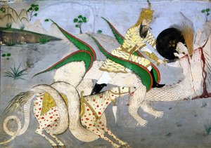 Een bereden krijger die een draak aanvalt, illustratie uit een boek over Indiase mystici