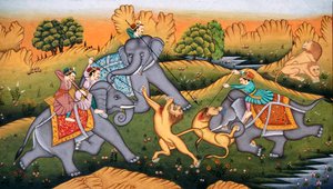 Jacht op tijgers op miniatuurschilderij op papier door School Indian