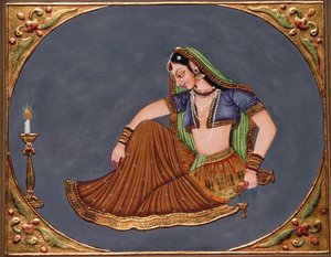 Dame geniet van drankje miniatuurschilderij op papier door School Indian