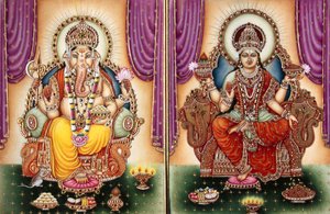 Heer Ganesh Ganpati Godin en Lakshmi Miniatuurschilderij op Ivoor door School Indian