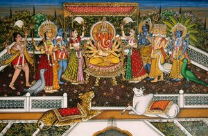 Heer Ganesh Ganpati met Brahma, Vishnu, Shiva, Durga, miniatuurschilderij op papier door School Indian