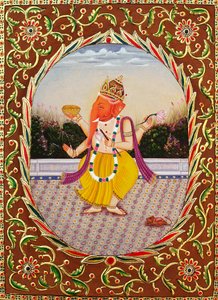 Heer Ganesha Ganpati miniatuurschildering op papier met borduurwerk door School Indian