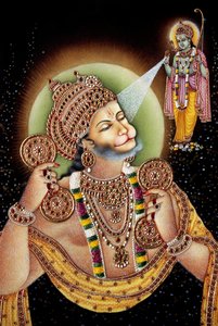 Heer Hanuman en Rama miniatuurschilderij op papier door School Indian