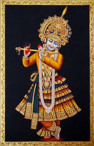 Heer Krishna speelt fluit miniatuurschilderij op papier door School Indian
