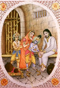Miniatuur Ivoor Schilderij van Krishna Balram en Devaki Vasudeva