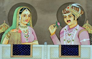 Miniatuurschildering van Akbar met Jodha Bai India Azië
