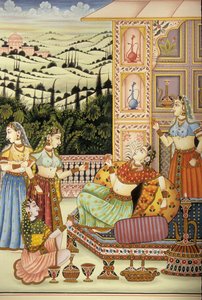 Miniatuurschilderij van Mughal Dame die van een drankje geniet, India