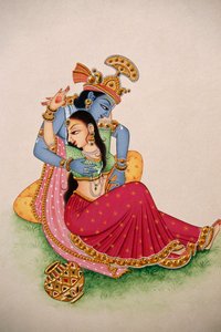 Miniatuurschilderij op Papier Radha Krishna door School Indian