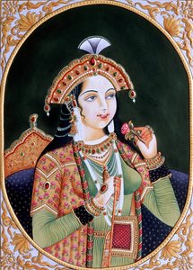 Miniatuurschilderij op papier van prinses Mumtaz Mahal vrouw van Mughal keizer Shah Jahan door School Indian