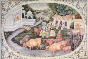 Miniatuur van Krishna een melkmeisje zittend in een veld met vee door School Indian