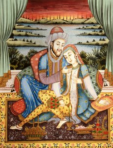 Schilderij van Mughal keizer met zijn vrouw in liefdesscène, India