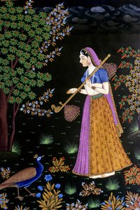 Schilderij op papier, dame geniet van muziek, India