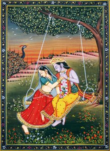 Radha Krishna genietend van Jhoola Miniatuurschilderij op papier