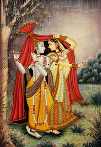 Radha Krishna miniatuurschilderij in moesson op papier