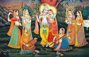 Radha Krishna met Sakhis genieten van muziek